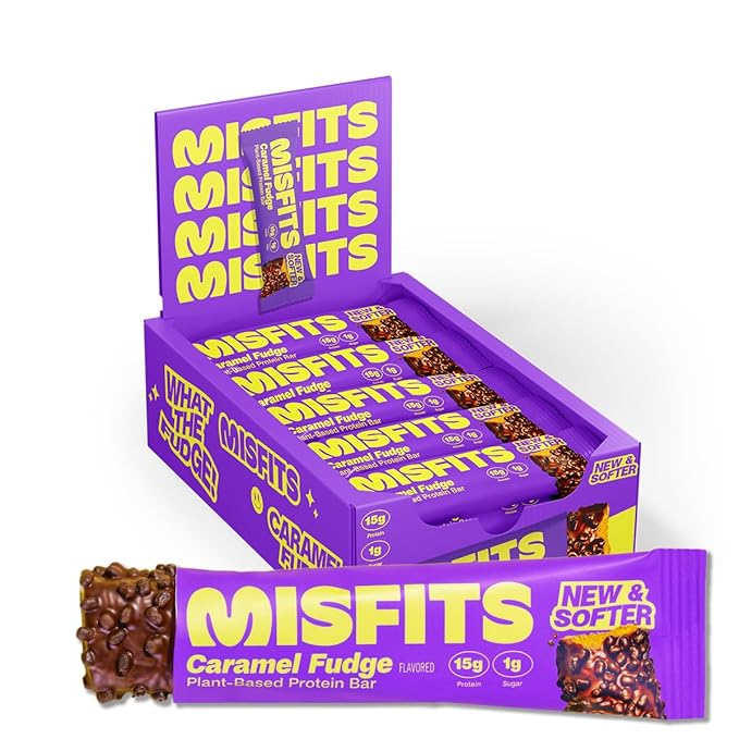 Misfits Vegan Protein Bars Caramel Fudge - Updated Recipe | Plant Based Low Sugar &amp Carb High Fiber Snacks | Pack of 15