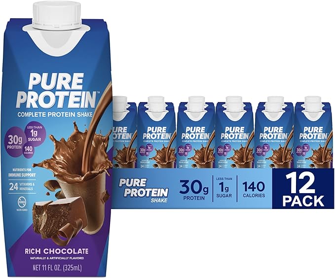 Pure Protein Chocolate Protein Shake &amp Bars High Protein Nutritious Snacks to Support Energy Low Sugar Gluten Free Chocolate Peanut Butter 1.76oz 12 Count (Packaging May Vary)