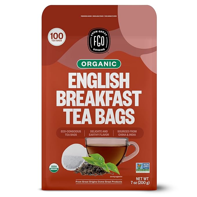 FGO Organic English Breakfast Black Tea 100 Count Eco-Conscious Tea Bags Resealable Bag Packaging May Vary (Pack of 1)
