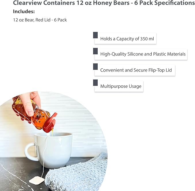 12 Ounce Clear Plastic Squeezable Honey Bears with Sealable Flip Top Lids - BPA Free Hand Wash Only (Red 6 Pack)