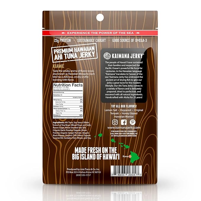 Kaimana Ahi Tuna Jerky Kiawe Smoked Sea Salt - Soft and Tasty - Premium Fish Jerky Made in the USA. High in Omega 3's All Natural and Wild Caught - 2 Ounce (Pack of 3)