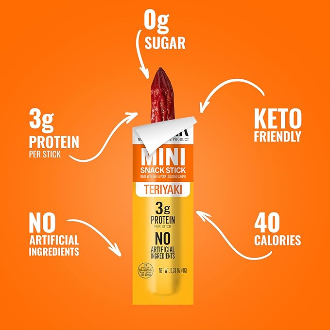 Tillamook Country Smoker Zero Sugar Teriyaki Mini Smoked Sausages 0.33 oz 48 Ct Individually Wrapped Beef Sticks for Afternoon Snacks Lunchboxes Travel Real Hardwood Smoked