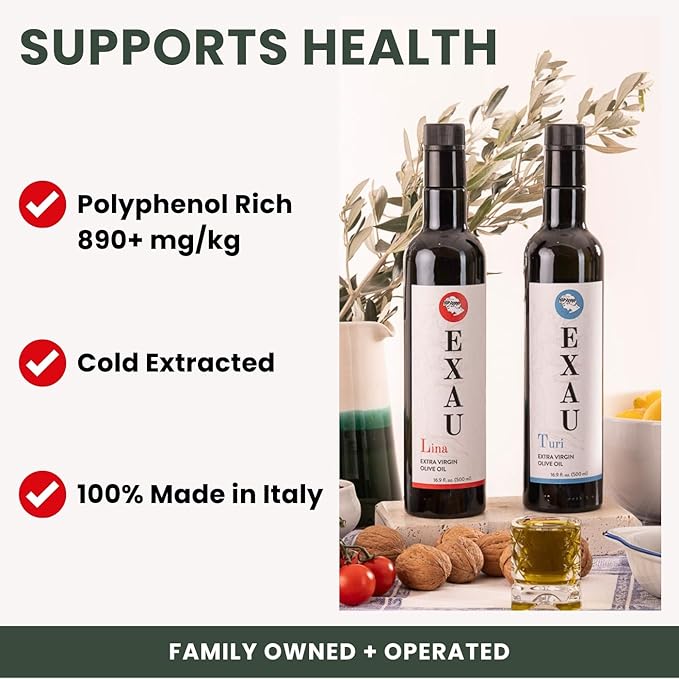 EXAU Italian Extra Virgin Olive Oil Set - Due2 897 mg/kg Polyphenol Rich Olive Oil From Italy Non-GMO Early Harvest First Cold Pressed for Drinking and Cooking 2 Pack 16.9 Fl Oz (1L)
