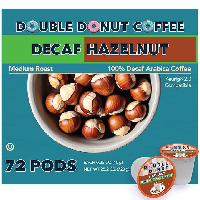 Double Donut Coffee Decaf Hazelnut Flavored Coffee Medium Roast Coffee Compatible with Keurig K Cups Brewers 72 Count (Pack of 1)