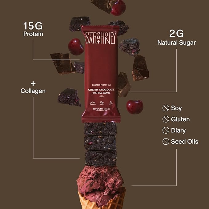 Stars + Honey Protein Bars Cherry Chocolate Waffle Cone 15g Protein 2g Sugar with Collagen Peptides Dairy Free Soy &amp Gluten Free Snacks Keto Friendly No Seed Oils or Sugar Alcohols 10 Pac