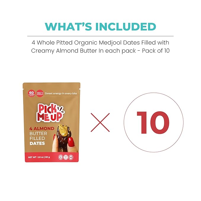 Pick Me Up Snacks – Organic Medjool Dates Pitted and Filled with Creamy Almond Butter – 4 Dates per 2.4 oz Pack – Vegan Gluten-Free No Added Sugar – Healthy On-the-Go Energy Snack – Pack of 10 pouc