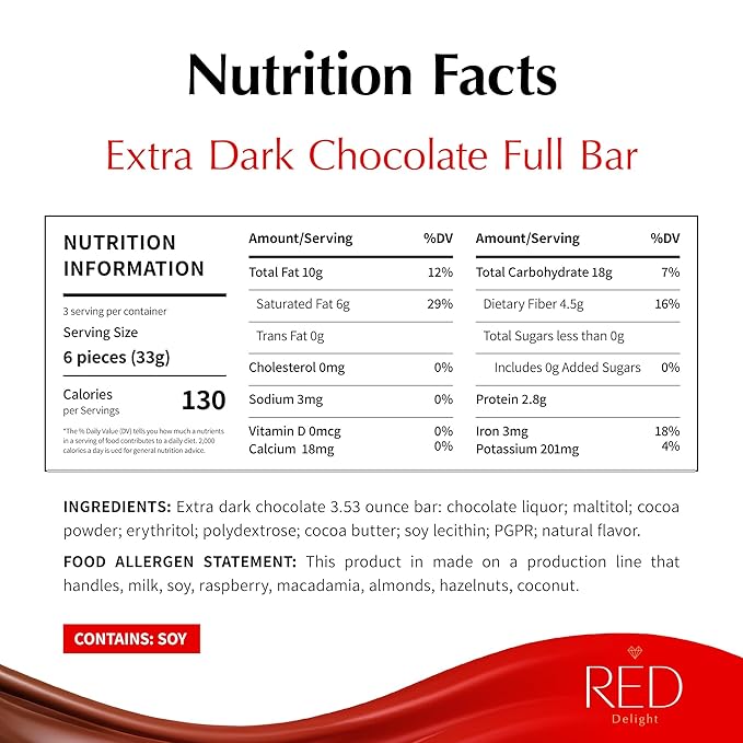 Red Delight Extra Dark Chocolate Bars - 3.53 oz Pack of 8 - Keto-Friendly Vegan Treat - European-Made Smooth Low-Carb Indulgence - Kosher Gluten-Free No Added Sugar Guilt-Free Snack