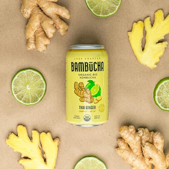 Bambucha Kombucha Thai Ginger 12 Pack Case | Chef Crafted Flavor 100% Raw Kombucha Tea Drink | Organic Vegan Gluten Free Non GMO Probiotic (12 Fl Oz Cans)
