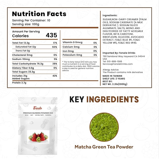 Fanale Premium Matcha Green Bubble Tea Flavoring Powder | Perfect for Baking Smoothies Desserts and Drinks | Instant Flavoring Powder for Boba Milk Tea - 2.2 Pounds (Pack of 1)