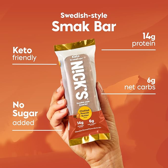 Nick's Smak Bar Protein Bar Chocolate Peanut Butter Eat Cold No Added Sugar Protein Keto Snack 14g Protein 6g net carbs 8 Count