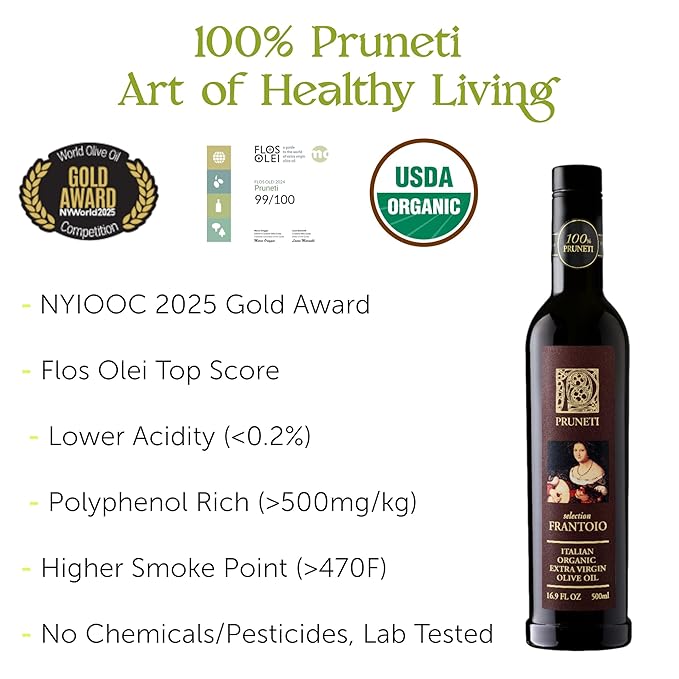 Pruneti Frantoio Organic Extra Virgin Olive Oil – Italian Olive Oil from Tuscany Italy 2025 Gold Award Winner – 500+ mg/kg High Polyphenols evoo – Cold pressed for Phenolic Shots &amp Finishing Use