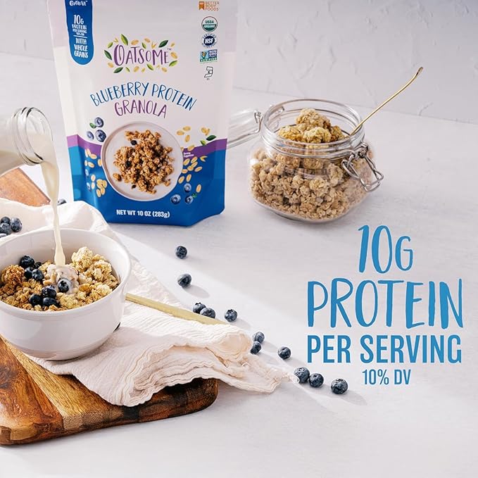 Oatsome Granola Variety Pack - Berry Coconut (6g Protein) Vanilla Almond (5g Protein) Blueberry (10g Protein) Hot Honey (5g Protein) - Gluten Free Organic Oats 10 Oz Bags