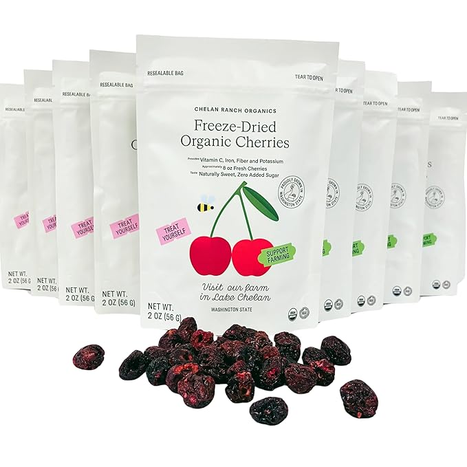 Chelan Ranch Organics Freeze-Dried Organic Cherries Non-GMO &amp Vegan 2 Ounce Bag (3-Pack)