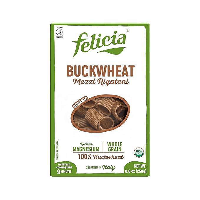 Felicia Gluten Free Pasta Buckwheat Mezzi Rigatoni Organic Noodles Made With 100% Whole Grain Buckwheat Naturally High in Magnesium Designed in Italy Plant Based Non GMO 8.8 Oz 6 Boxes