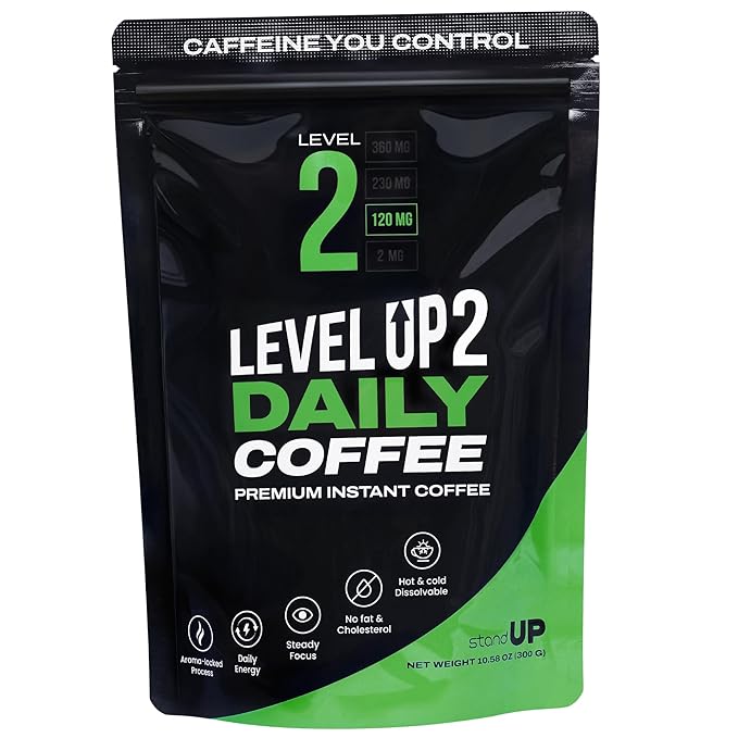 Level Up Premium Decaf Instant Coffee Sugar Free 30 Servings 10.58 oz (L2 - DAILY 120MG)