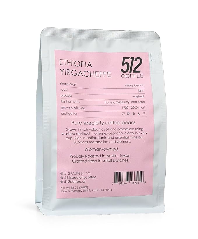 512 Coffee Ethiopia Yirgacheffe Light Roast Whole Bean – Single Origin Specialty Coffee with Tasting Notes of Raspberry Honey &amp Floral – Fresh Roasted for Filter Brewing