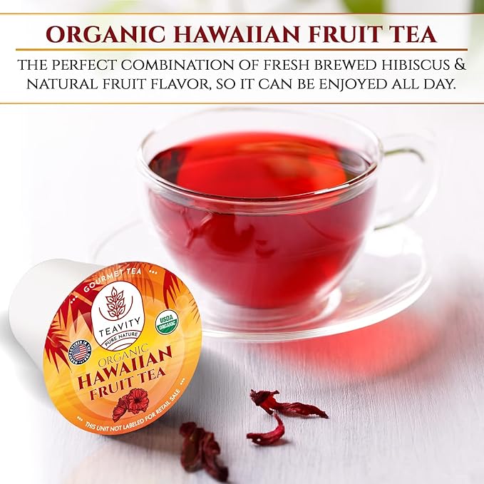 Organic Hibiscus Sabdariffa Tea Pods with Peach Mango &amp Passionfruit - Naturally Decaf Tea - Hawaiian Fruit Tea by Teavity (24 Tea Pods)