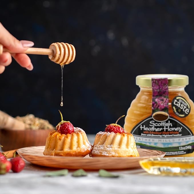 Heather Hills Farm Scottish Heather Honey with Whiskey 340g (12oz) - Highland Heather Honey Infused with Scotch Whiskey Authentic Scottish Food Gift Imported Gourmet Spread Made in Scotland