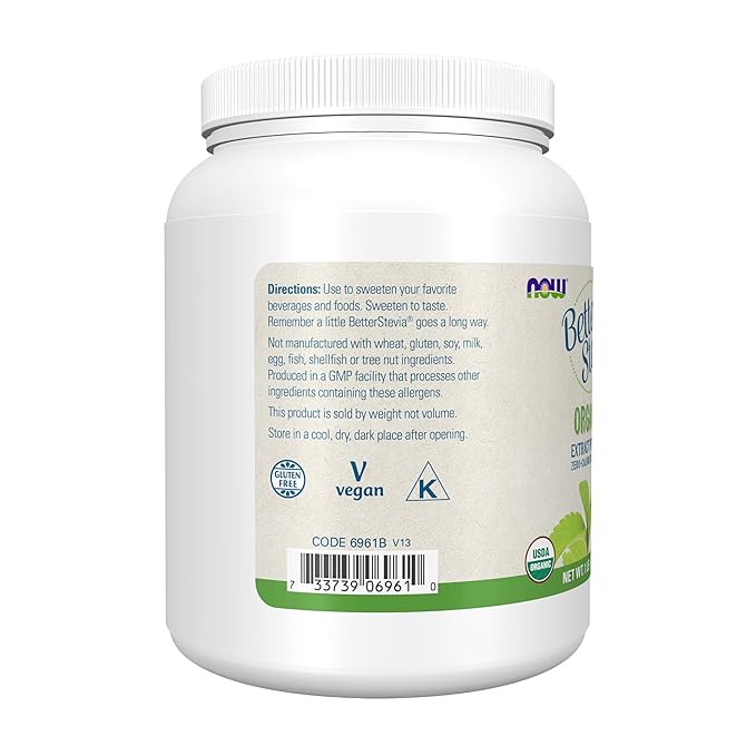 NOW Foods BetterStevia Organic Zero-Calorie Extract Powder Keto Friendly Suitable for Diabetics No Erythritol 1 Pound