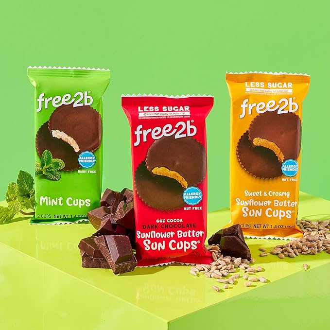 Free2b Sunflower Butter Sun Cups Safe for School and Allergy Friendly Gluten-Free Dairy-Free Nut-Free and Soy-Free Dark Chocolate 2-Cup Packages (Pack of 12)
