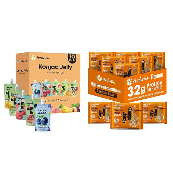 Hethstia High Protein Ramen Soup Chicken Flavor 6-Pack and Konjac Jelly Variety Pack 10 Drinkable Jelly Pouches – Lychee Blueberry Peach Mango Passion Fruit