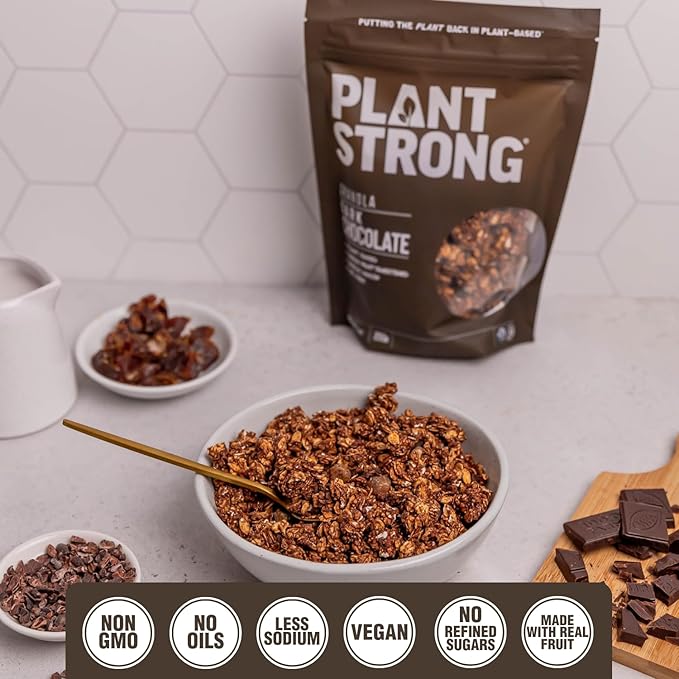 PLANTSTRONG Dark Chocolate Granola – Whole Grain Oil-Free Granola Sweetened Only with Dates Made from Whole Plants Handmade Small Batch Crunchy Breakfast Cereal or Snack (4-Pack (9 oz Bags))