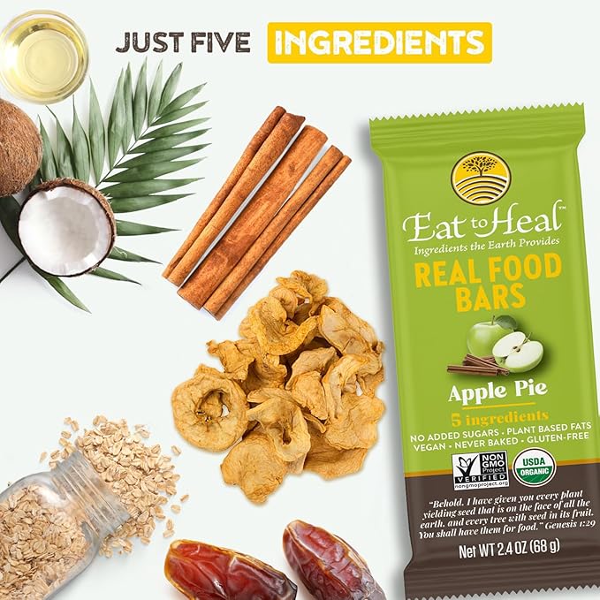 EatToHeal Apple Pie Real Food Bar - Organic Dates &amp Oats Gluten Free Vegan Healthy Protein Bars - Low Sugar Meal Replacement Bar Non GMO Never Baked Plant Based - Crafted to Enjoy