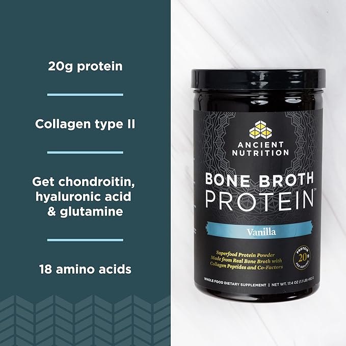 Ancient Nutrition Beef Bone Broth Protein Powder Salted Caramel 20 Servings + Bone Broth Protein Powder Vanilla 20 Servings