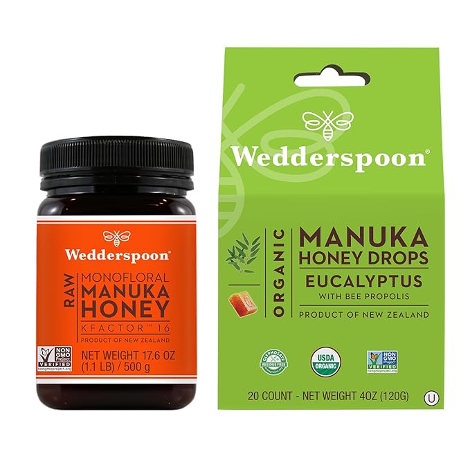 Wedderspoon Raw Premium Manuka Honey KFactor 16+ Unpasteurized Genuine New Zealand Honey Eucalyptus + Bee Propolis Unpasteurized Genuine New Zealand Honey Perfect Remedy For Dry Throat