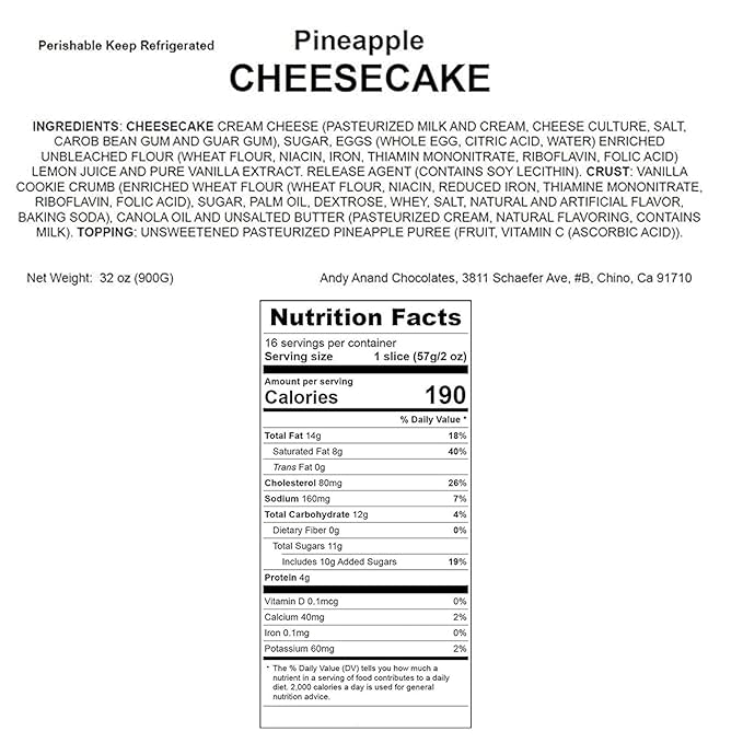 ANDY ANAND CHOCOLATIER Luxurious Fresh Pineapple Cheesecake 9 - Gourmet New York-Style Rich California Cream Cheese Handcrafted No Preservatives Cheesecake Perfect for Celebrations 2 lbs