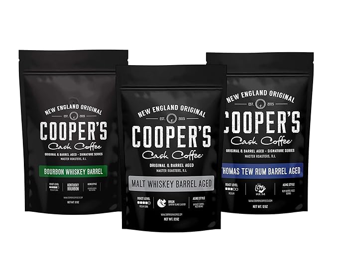Cooper's Cask Coffee - Single-Malt Whiskey Rum &amp Bourbon Barrel Aged Coffee Whole Bean Dark Roast 12oz (36oz Total 3 Bags)