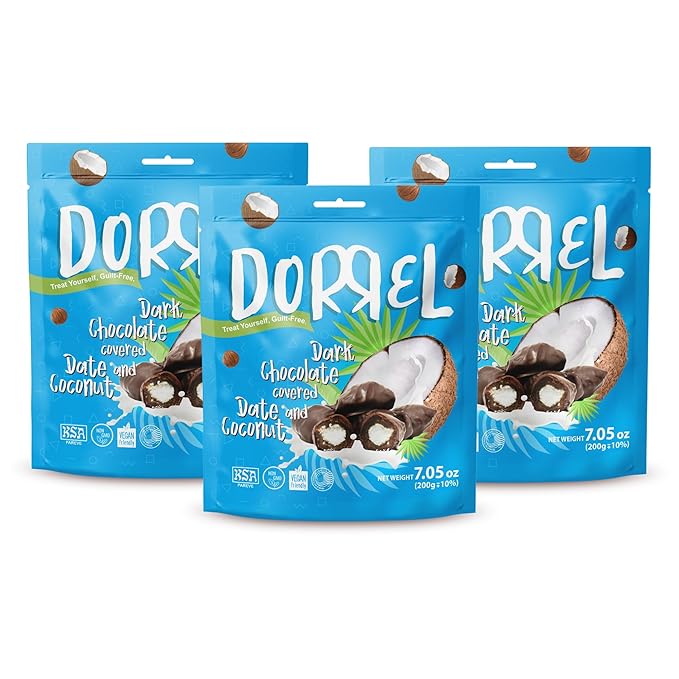 DORREL - Belgian Dark Chocolate Covered Dates (Medjool) with Coconut Stuffing High Energy Vegan Choco Snack Delicious Kosher &amp Non-GMO Pack of 3 Stuffed Chocolate Dates 7.05 oz / 200 g Ea