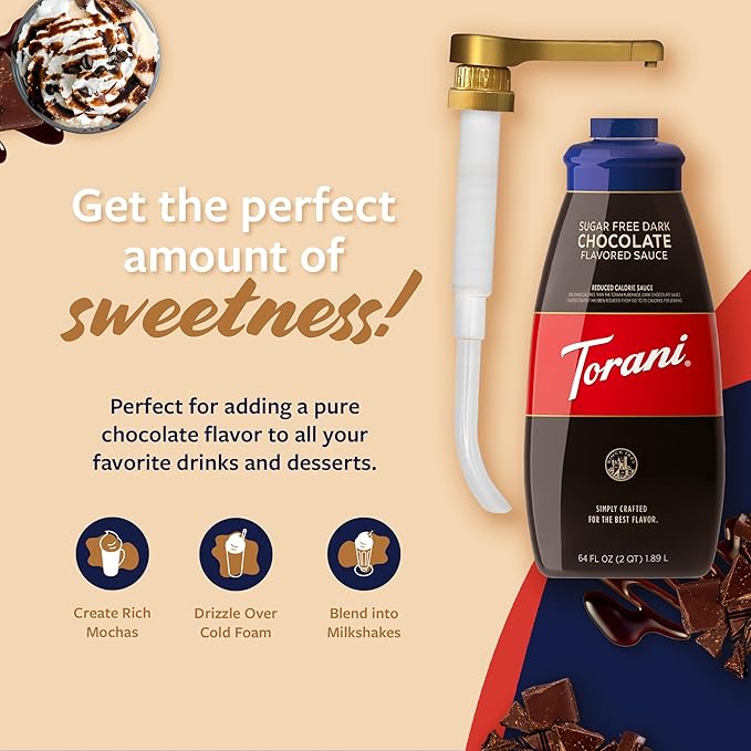 Torani Sugar Free Dark Chocolate Sauce for Coffeehouse Drinks and Desserts Large 4lb Bottle Pump Included 64 Fl Oz