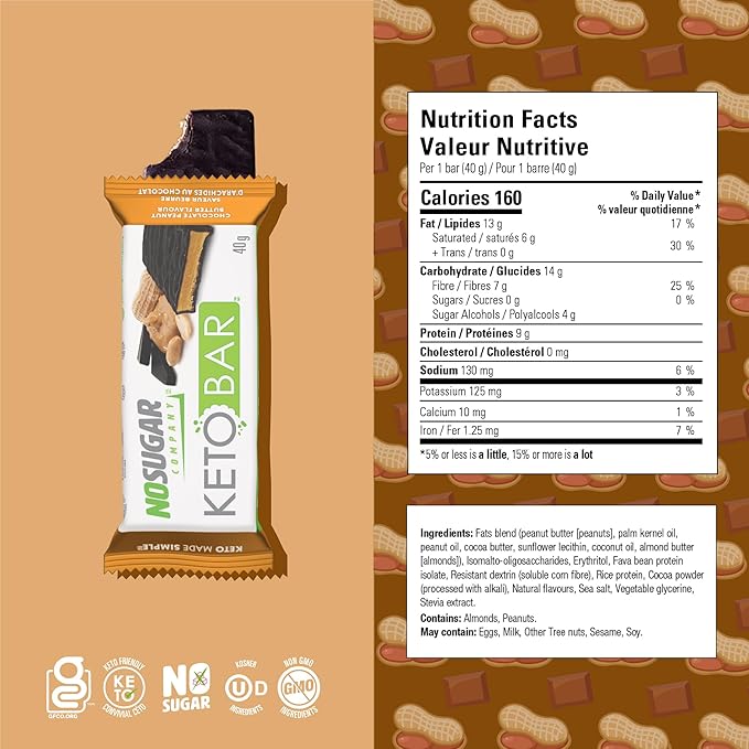 No Sugar Keto Bar Snack - Low Carb No Sugar Keto Snack Food with Keto Friendly Macros (12 x 1.41oz Bars Peanut Butter)