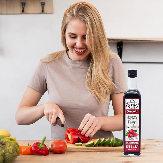 De La Rosa Raspberry Vinegar Organic Raw &amp Unfiltered Pure Vinegar Vegan Gluten Free &amp Kosher Raspberry Vinaigrette Salad Dressing &amp Marinade 16.9 Oz (Pack of 2)