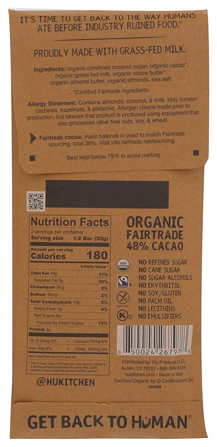 HU Organic Almond Butter + Almond Crunch Filled in Milk Chocolate Bar Gluten Free No Refined Sugar 2.1 Ounces (Pack Of 6)