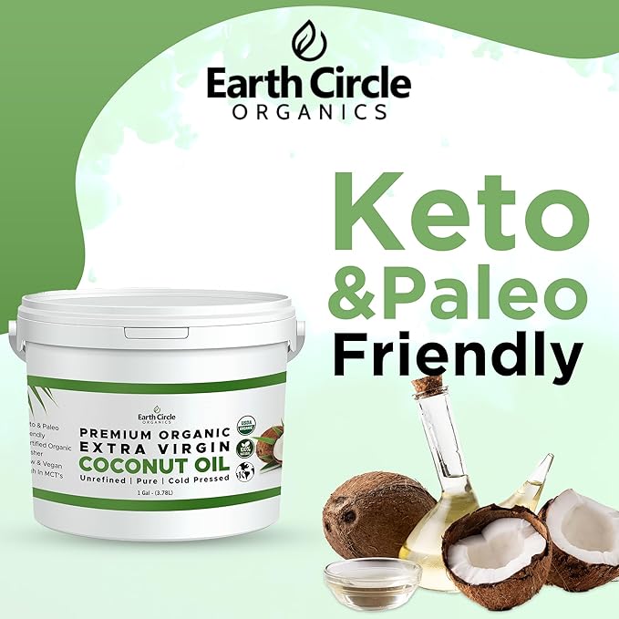 Earth Circle Organics Premium Ultra-Pure UNREFINED Cold Pressed Organic Extra Virgin Coconut Oil - Gluten-Free Keto &amp Paleo Friendly - Pure Oil for Skin &amp Hair Care Cooking Baking &amp Mor