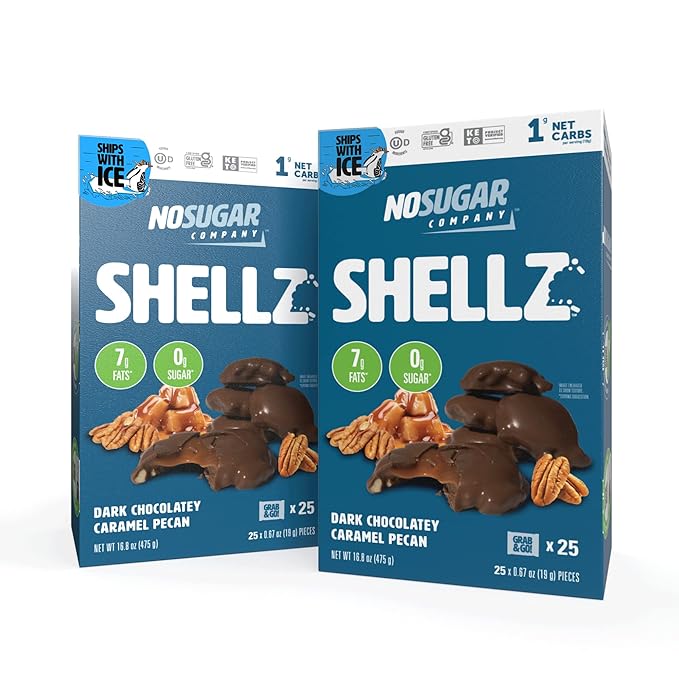 No Sugar Keto Shellz - Sugar Free (0g) Treat On-the-go Keto Snack - 25 Pack Individually Wrapped - Gluten Free Kosher Value Pack (2 packs Caramel Pecan)