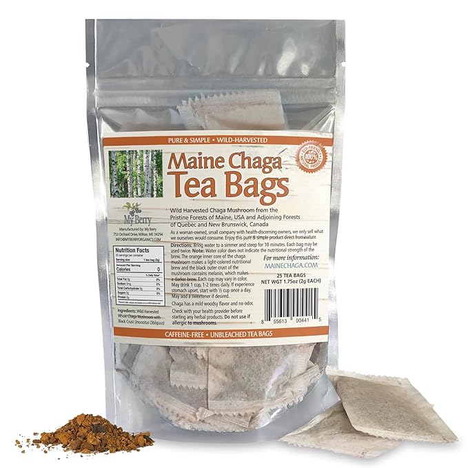 Maine Chaga Tea Bags by My Berry | 100% Canadian Wild-Harvested | 100% Additive-Free Caffeine-Free Herbal Tea | 25 Bleach-Free Bags