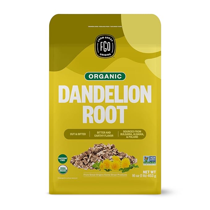 FGO Organic Dandelion Root Loose Tea Cut and Sifted Caffeine Free 16oz Bulk Resealable Bag Packaging May Vary (Pack of 1)