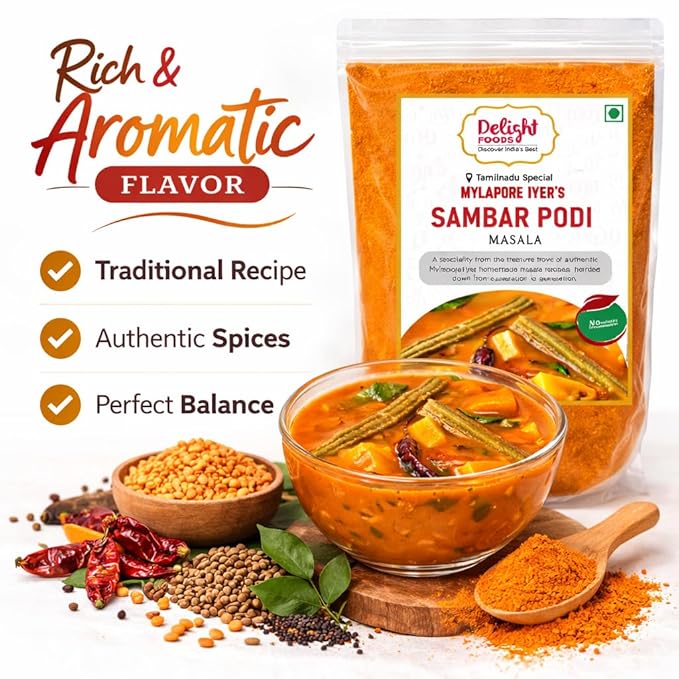 Delight Foods Mylapore Iyer's Sambar Podi 350g - Ready Masalas and Podi | Mixed Spices | Tamil Nadu Special | NO PRESERVATIVES