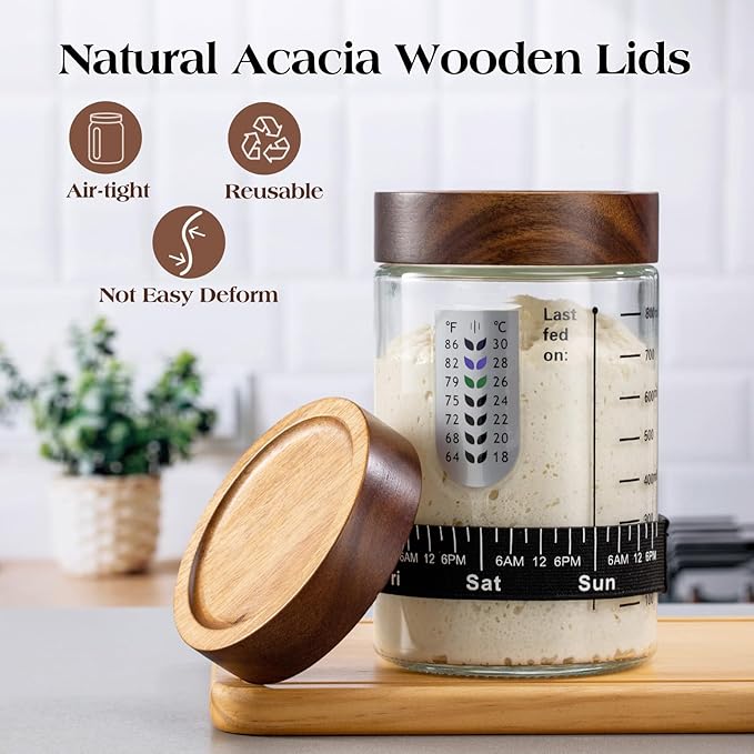 Sourdough Starter Kit34oz Sourdough Starter Jar Glass with Sourdough Recipes Cookbook.Sourdough Bread Baking Supplies with ThermometerNatural Wooden Lid Anti-slip MatSourdough Jar scraper (2 pack)
