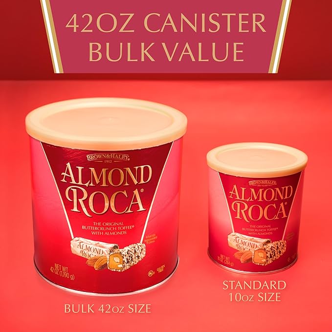 Brown &amp Haley Almond ROCA The Original Buttercrunch Toffee with Almonds Canister - Individually Wrapped Chocolate for Holiday Gift Basket - Gluten Free Kosher Chocolate Candy for Sharing 42oz Pac