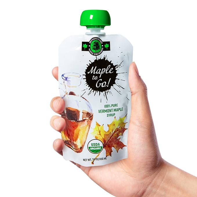 Maple to Go! - Pure Organic Vermont Maple Syrup Packets - Small Maple Syrup Bottles with Resealable Twist Cap| Ideal for Hiking Camping Traveling and Kitchen Use - Pack of 4