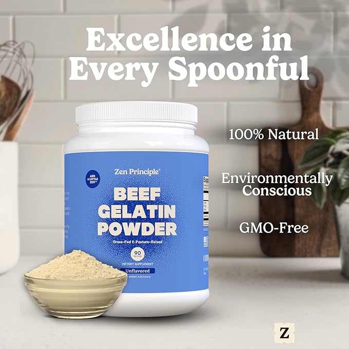Zen Principle Grass-Fed Gelatin Powder 3 lb. Custom Anti-Aging Protein for Healthy Hair Skin Joints &amp Nails. Paleo and Keto Friendly. Cooking and Baking. GMO-Free and Gluten-Free. Unflavored.