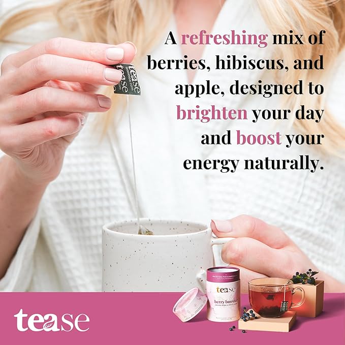 Tease Tea Organic Hibiscus Berry Booster – Elderberry Herbal Tea Caffeine-Free with Hibiscus Currant &amp Natural Flavors Supporting Daily Wellness and Vitality