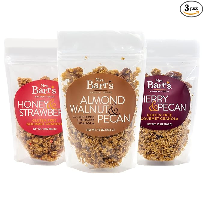 Mrs. Barr’s Natural Foods Granola | Variety | Certified Organic Gluten Free Oats | Soft Texture | Small Batch | Gourmet Quality | Real Ingredients | 10 Ounces (3 Pack)