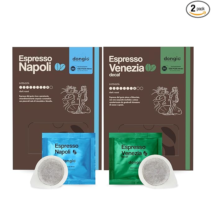 Dongiò Caffè Dark Roast Variety Pack – 100 Easy Serving Espresso Pods (ESE 44mm) – Napoli &amp Venezia – Roasted and Blended In Italy