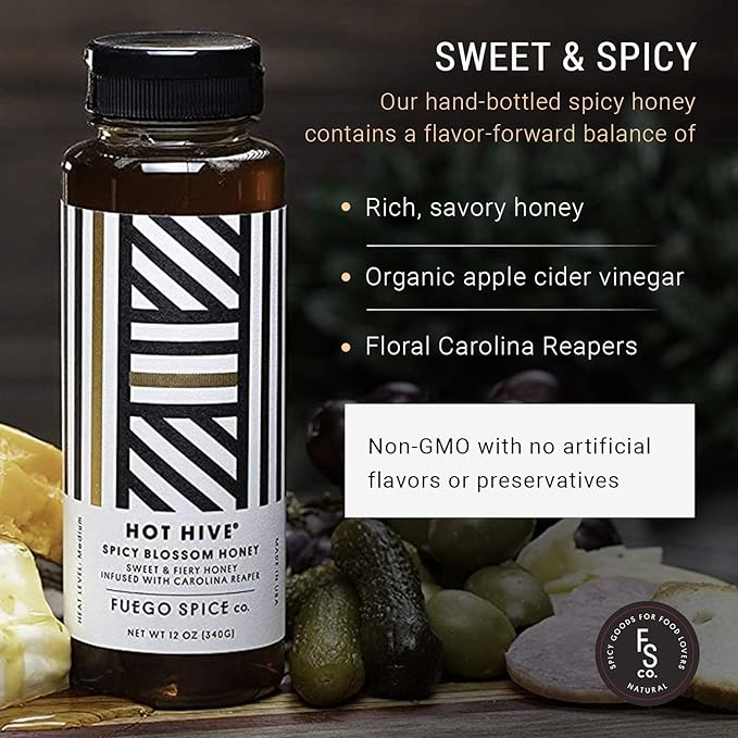 HOT HIVE Honey with Organic Carolina Reaper Pepper by Fuego Spice - 12 Oz - Made with Apple Cider Vinegar - Squeeze it on a BBQ Chicken Wings or Try it on a Taco - Heat Level: 4/10