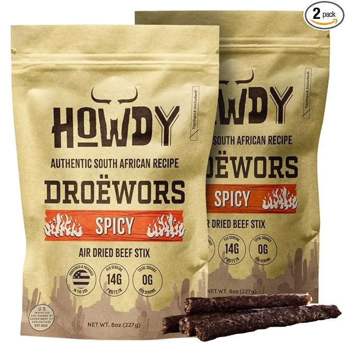 Howdysnax Spicy Droëwors – Authentic South African Air-Dried Beef Sticks Small-Batch Crafted High-Protein Snack Keto &amp Paleo Friendly No Added Sugar - 8 Ounce (Pack of 2)